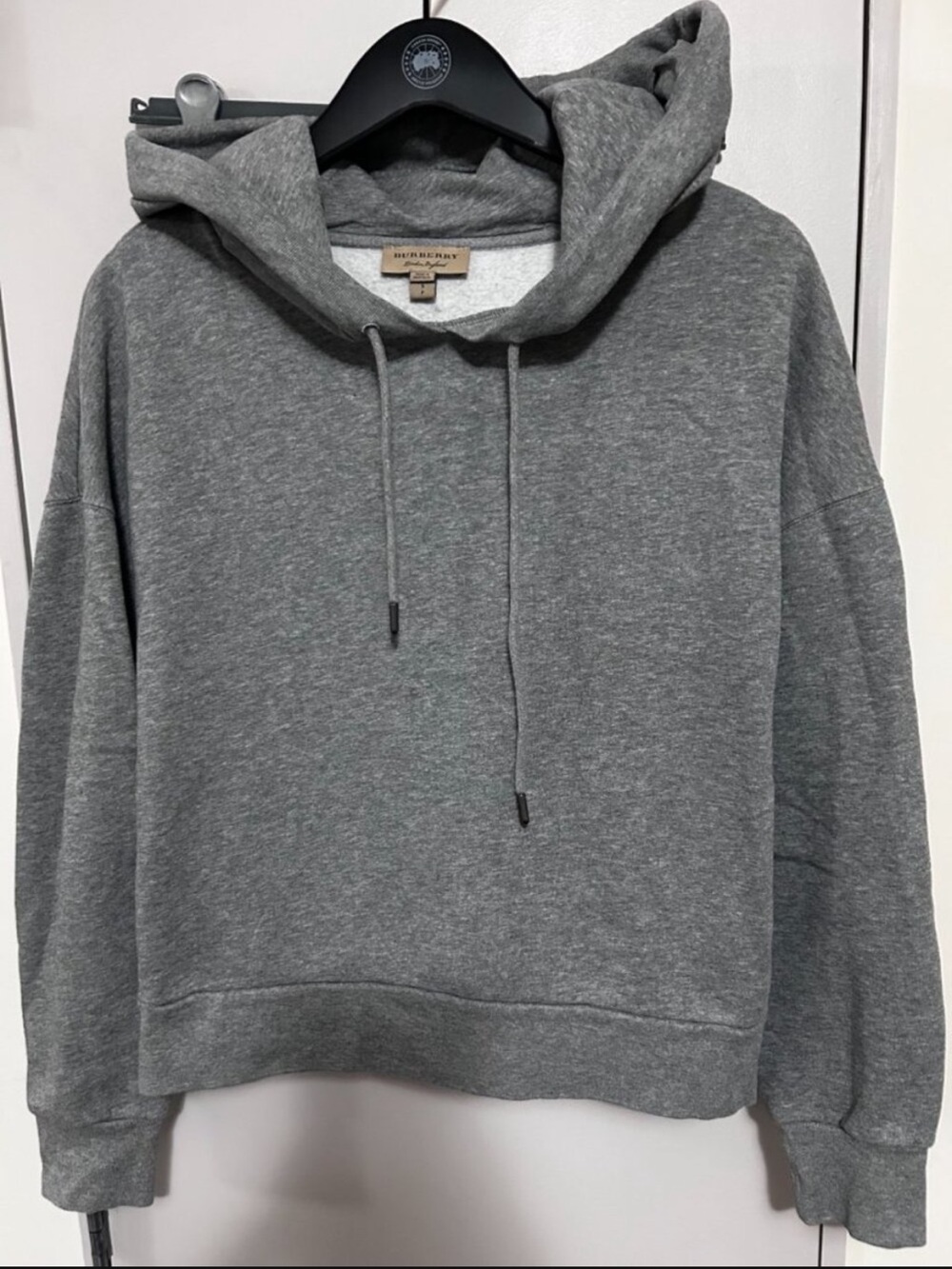 Burberry London England Gray Hoodie Embroidered Hood Drawstring Women's S